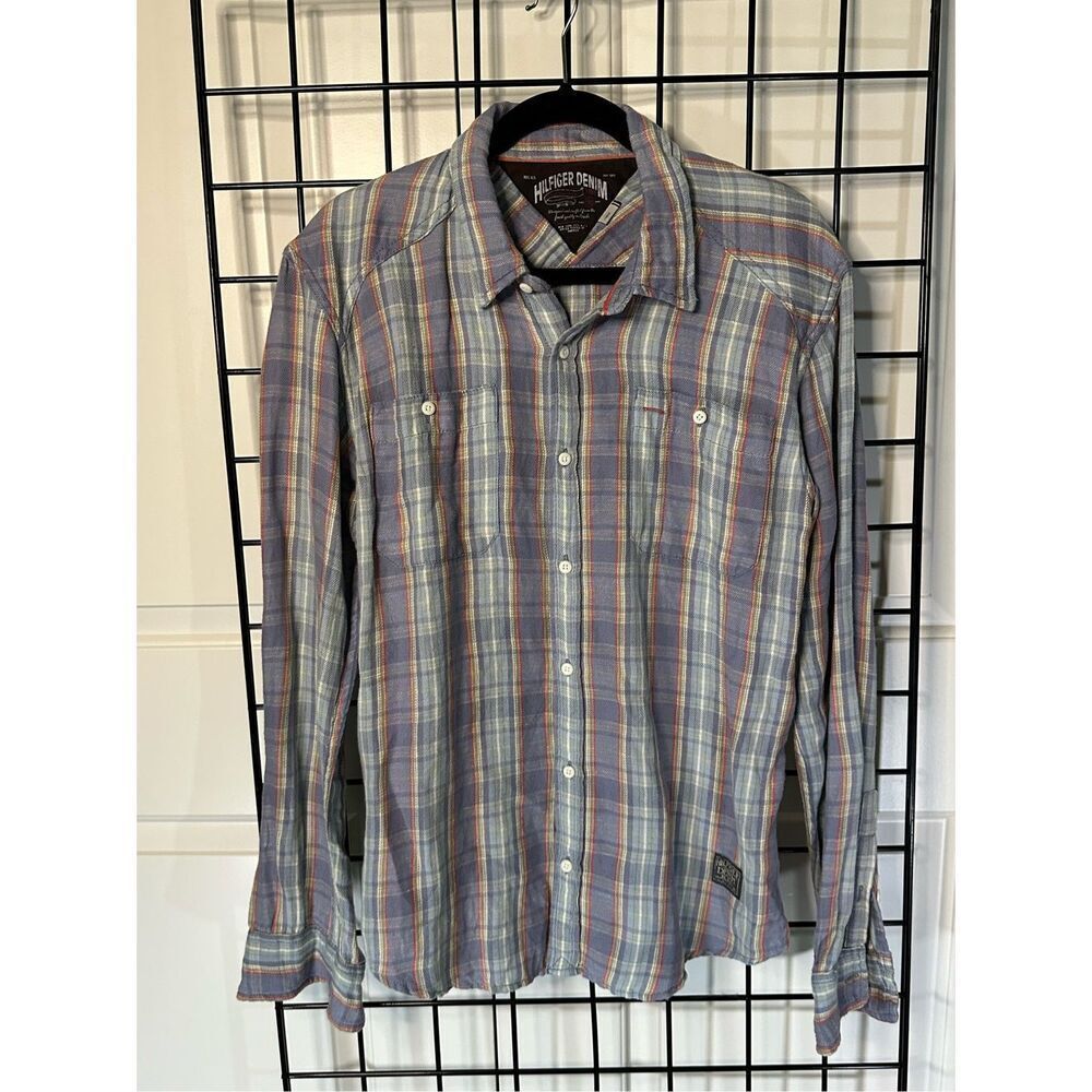 Hilfiger‎ Denim Vintage Plaid Linen Blend Shirt 90s Grunge Men’s Large